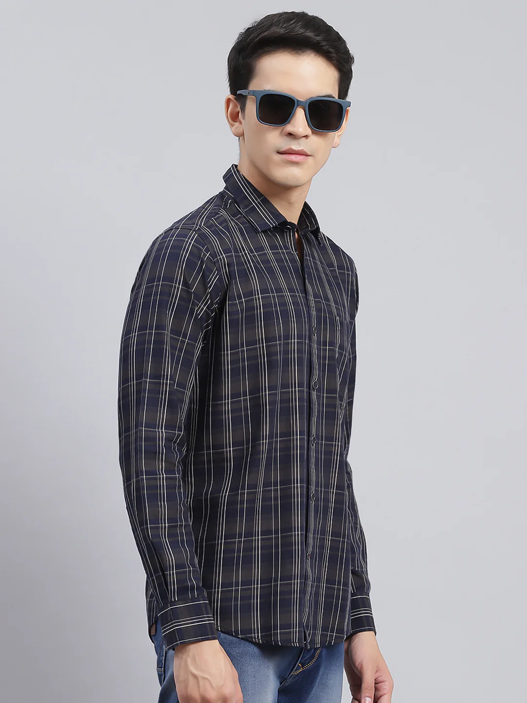 Men Navy Blue Check Pure Cotton Shirt - Image 3