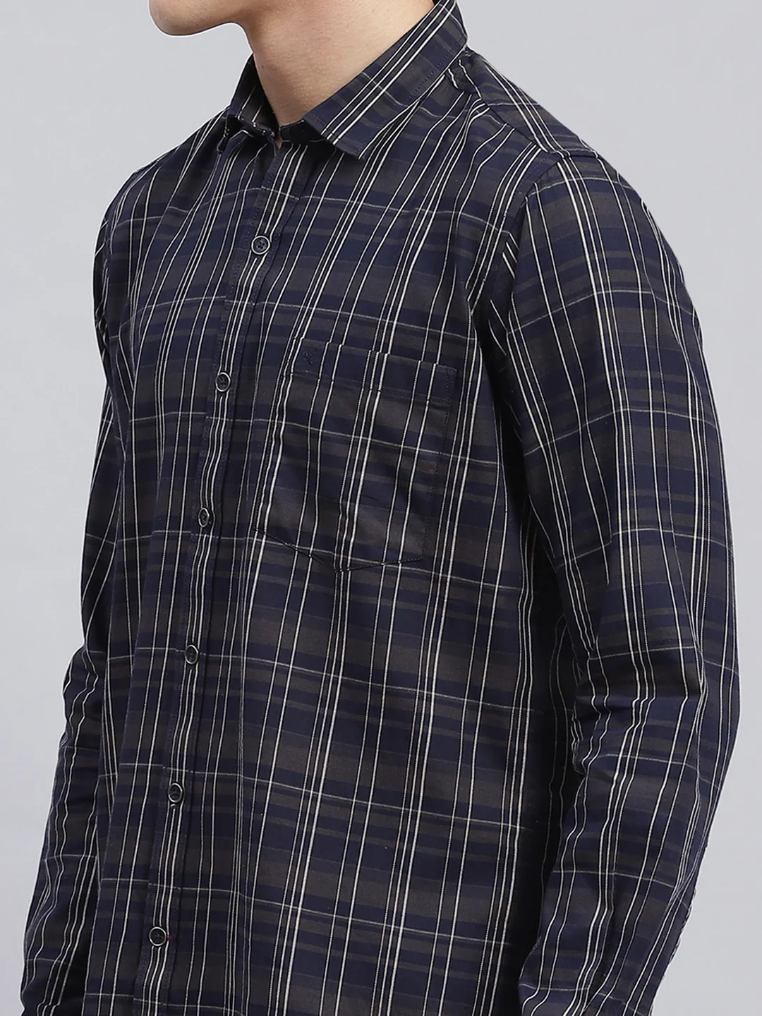 Men Navy Blue Check Pure Cotton Shirt - Image 6