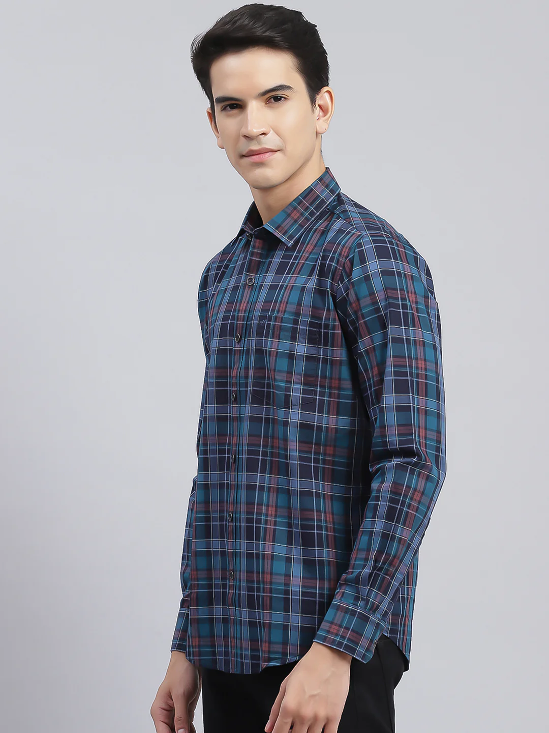 Men Navy Blue Check Pure Cotton Shirt - Image 3