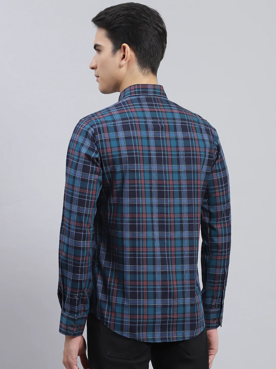 Men Navy Blue Check Pure Cotton Shirt - Image 4