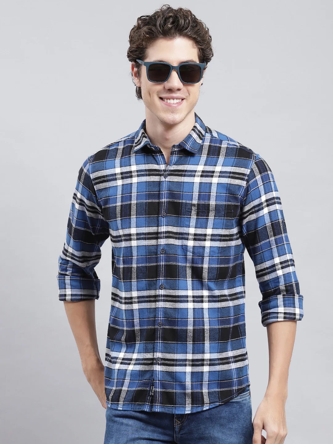 Men Navy Blue Check Shirt - Image 2