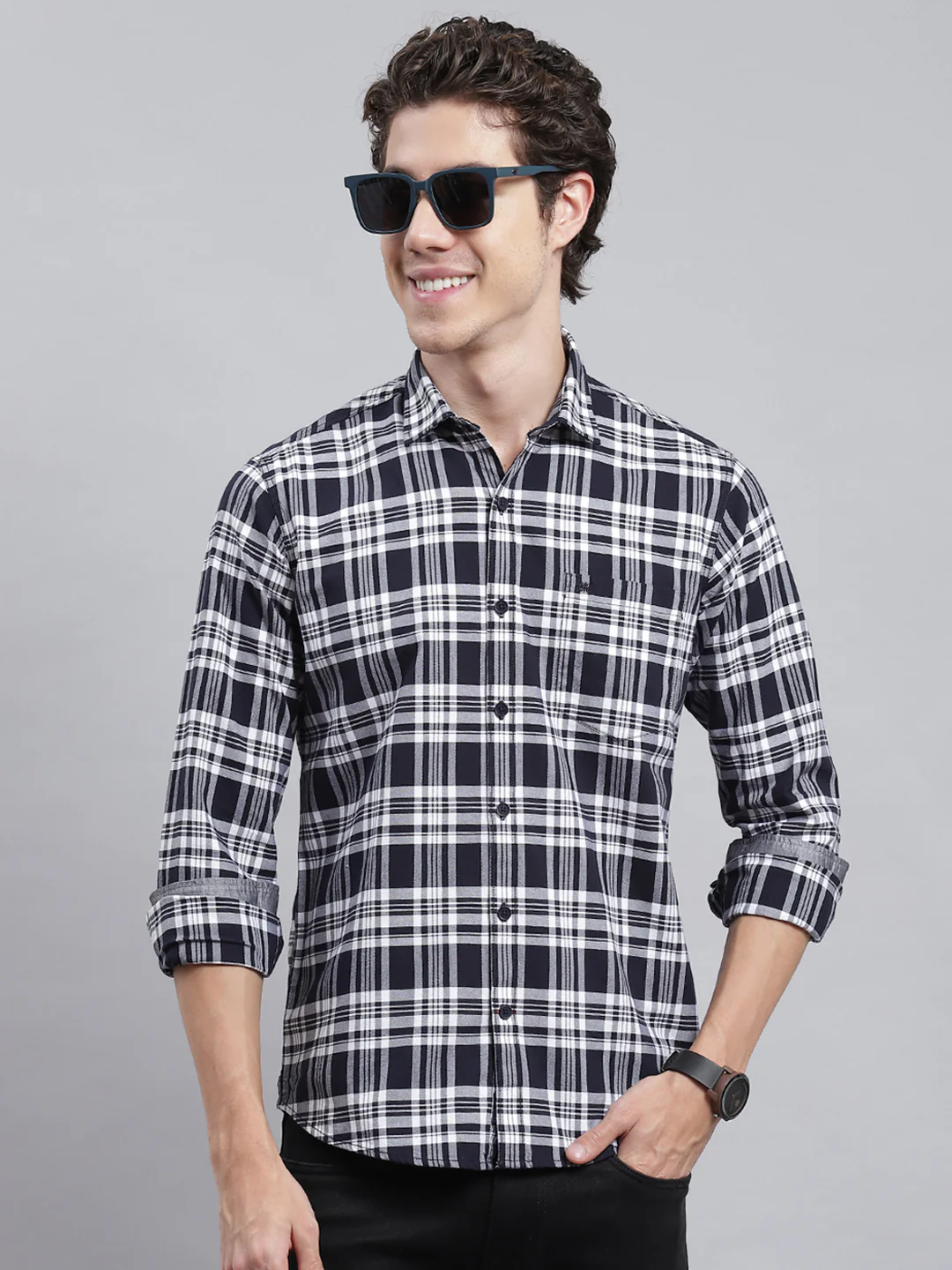 Men Navy Blue Check Shirt - Image 2