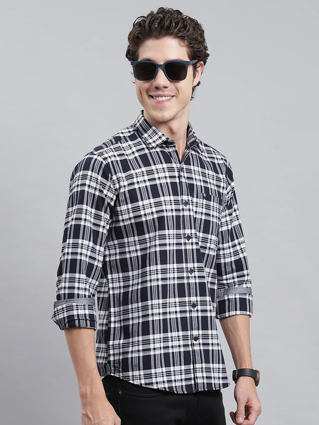 Men Navy Blue Check Shirt - Image 3