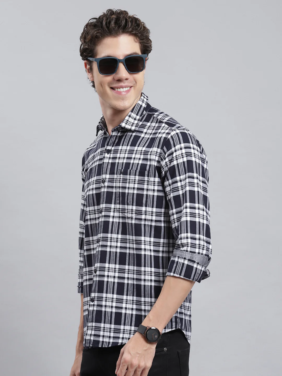 Men Navy Blue Check Shirt - Image 4