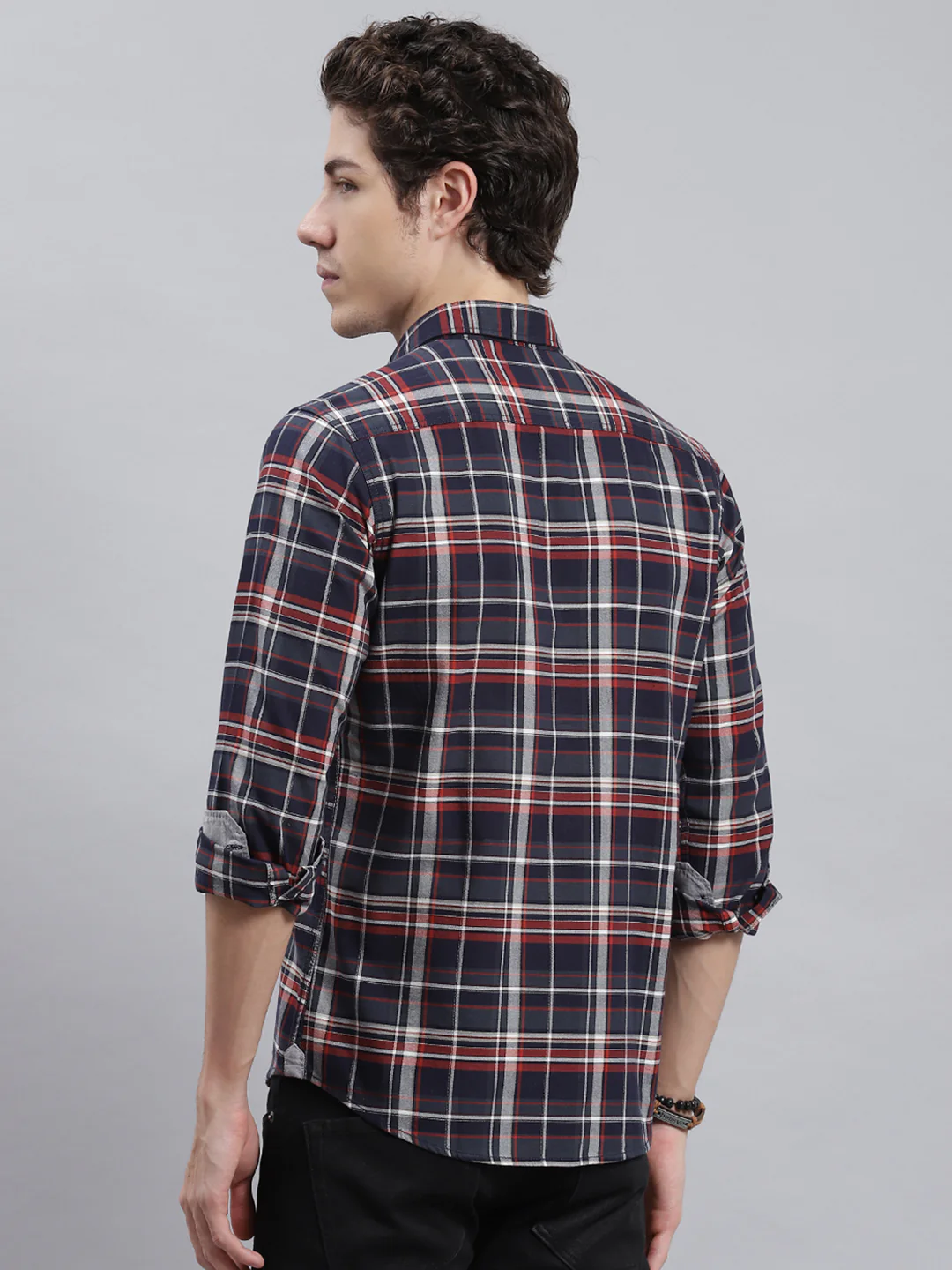 Men Navy Blue Check Shirt - Image 5