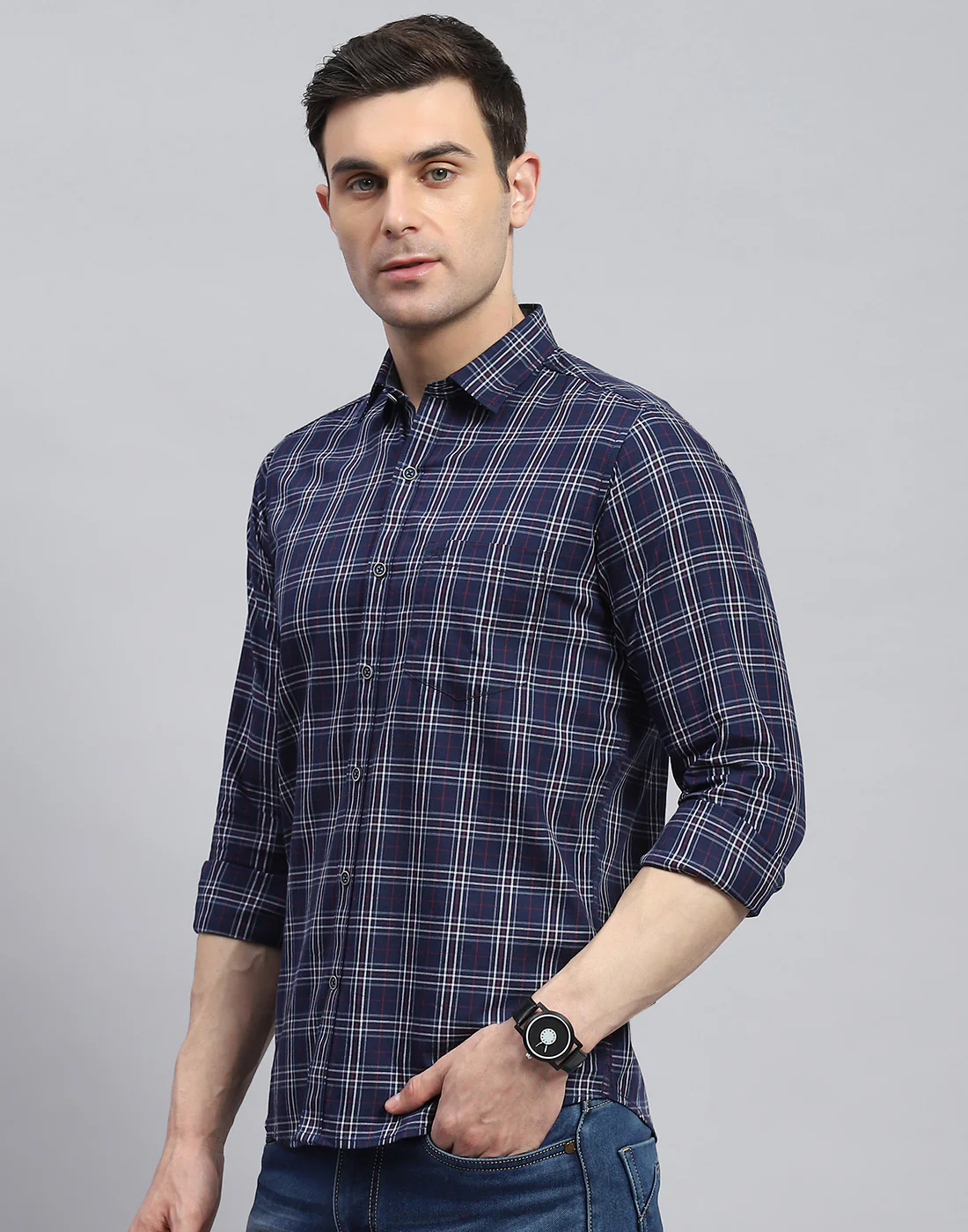 Men Navy Blue Check Spread Collar Full Sleeve Shirt - Image 3