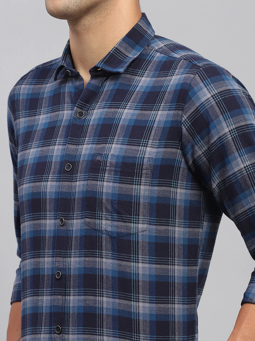 Men Navy Blue Check Spread Collar Full Sleeve Shirt - Image 6