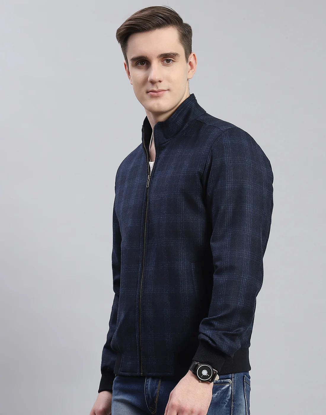 Men Navy Blue Check Stand Collar Full Sleeve Coat - Image 3