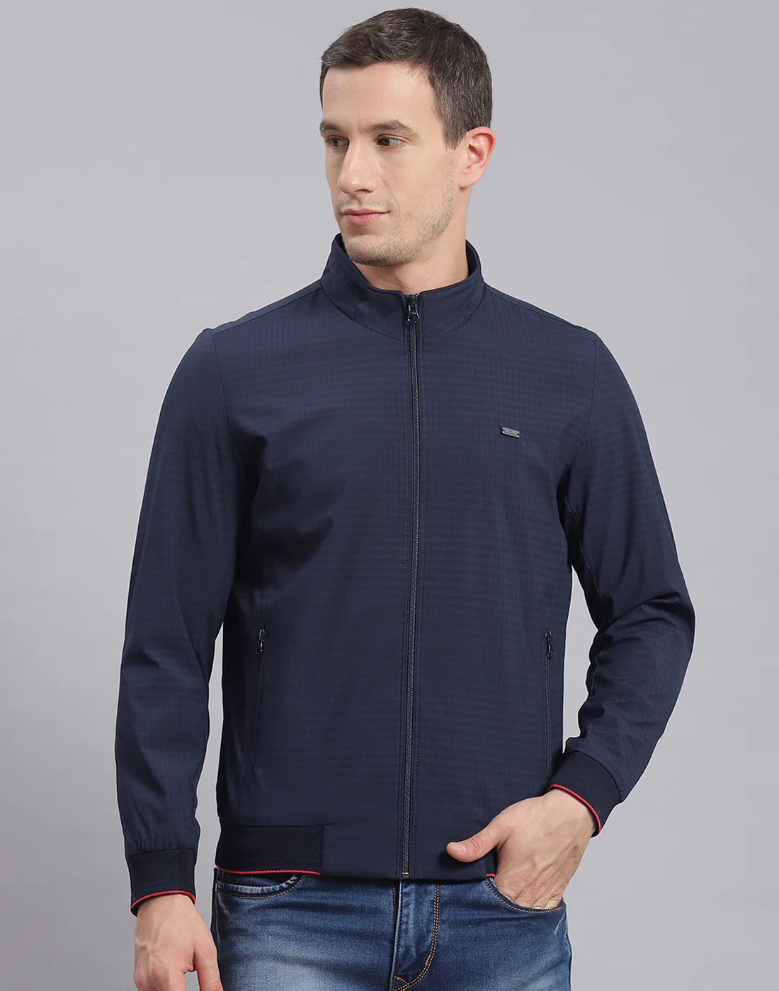 Men Navy Blue Check Stand Collar Full Sleeve Jacket - Image 2