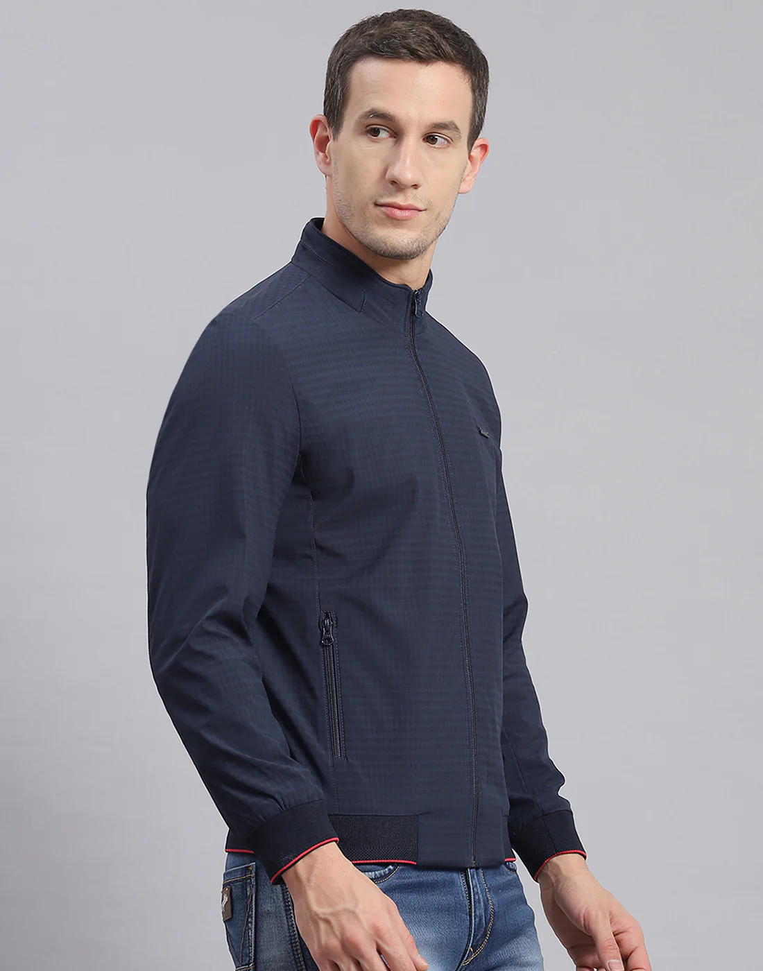 Men Navy Blue Check Stand Collar Full Sleeve Jacket - Image 4