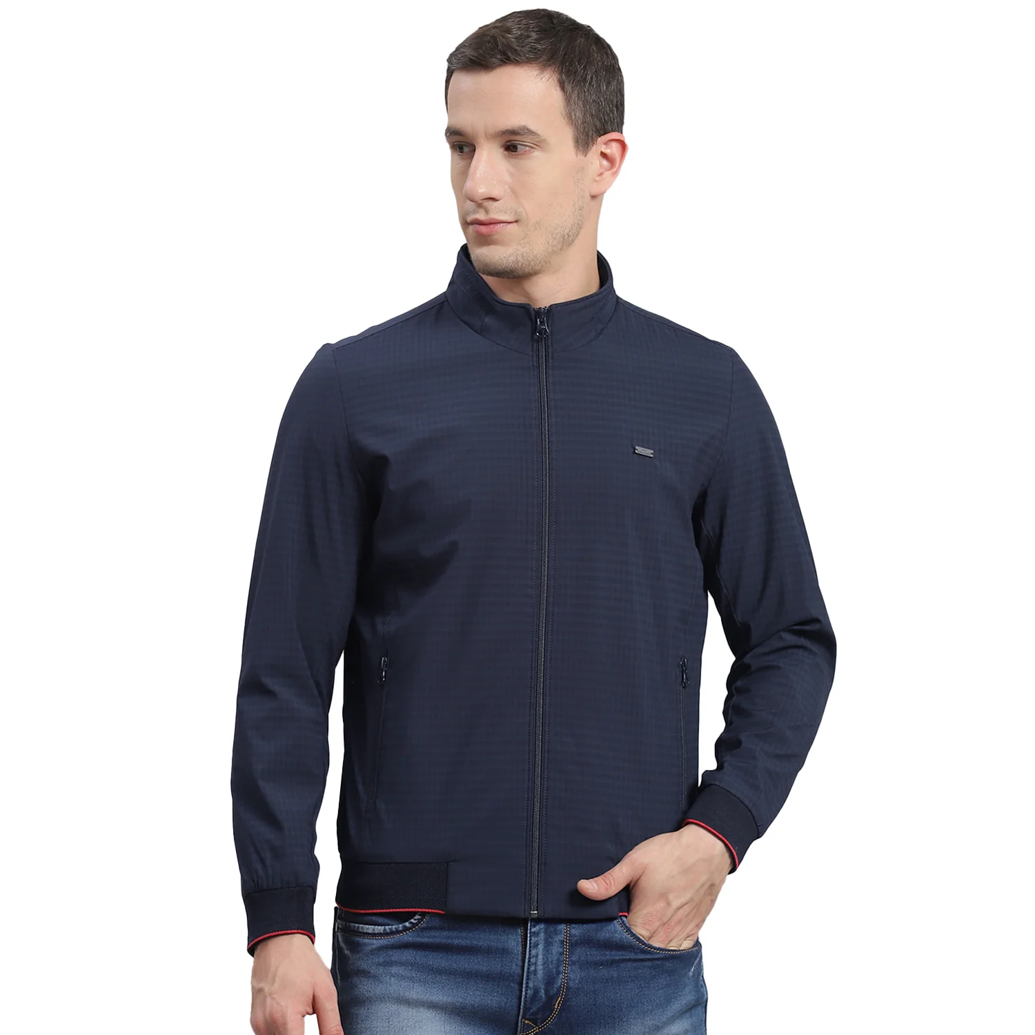 Men Navy Blue Check Stand Collar Full Sleeve Jacket - Image 5
