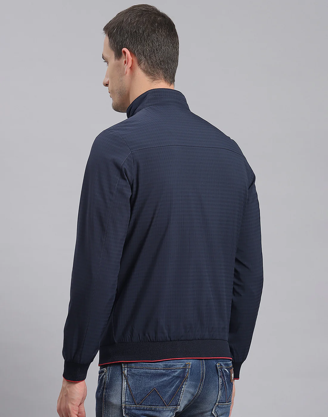 Men Navy Blue Check Stand Collar Full Sleeve Jacket - Image 6