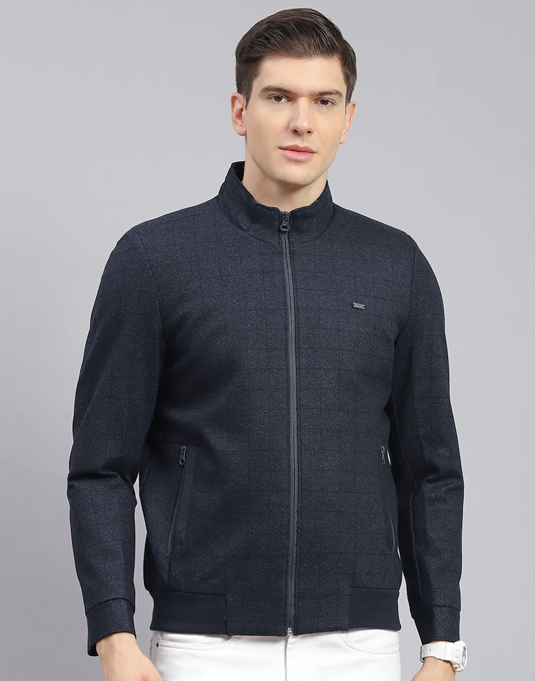 Men Navy Blue Check Stand Collar Full Sleeve Jacket - Image 3