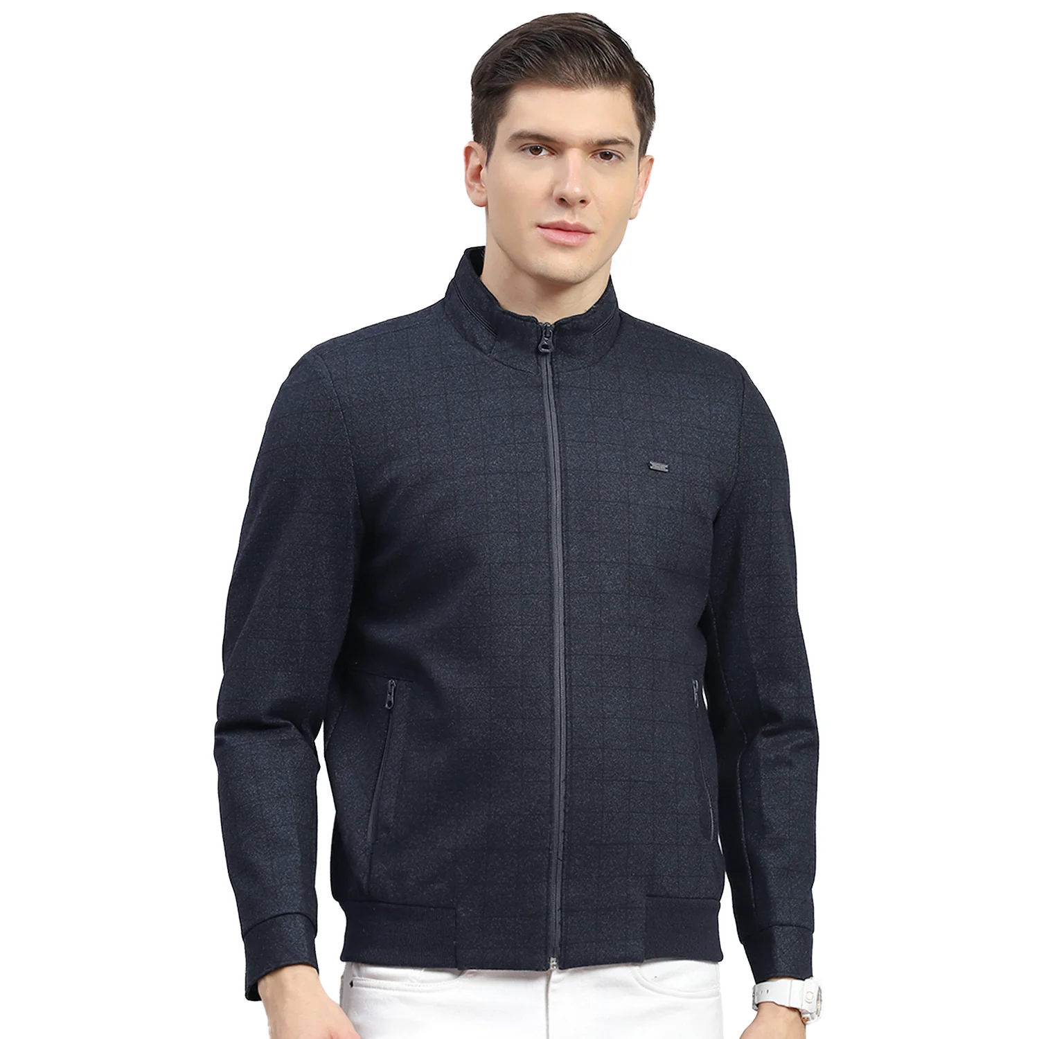 Men Navy Blue Check Stand Collar Full Sleeve Jacket - Image 5