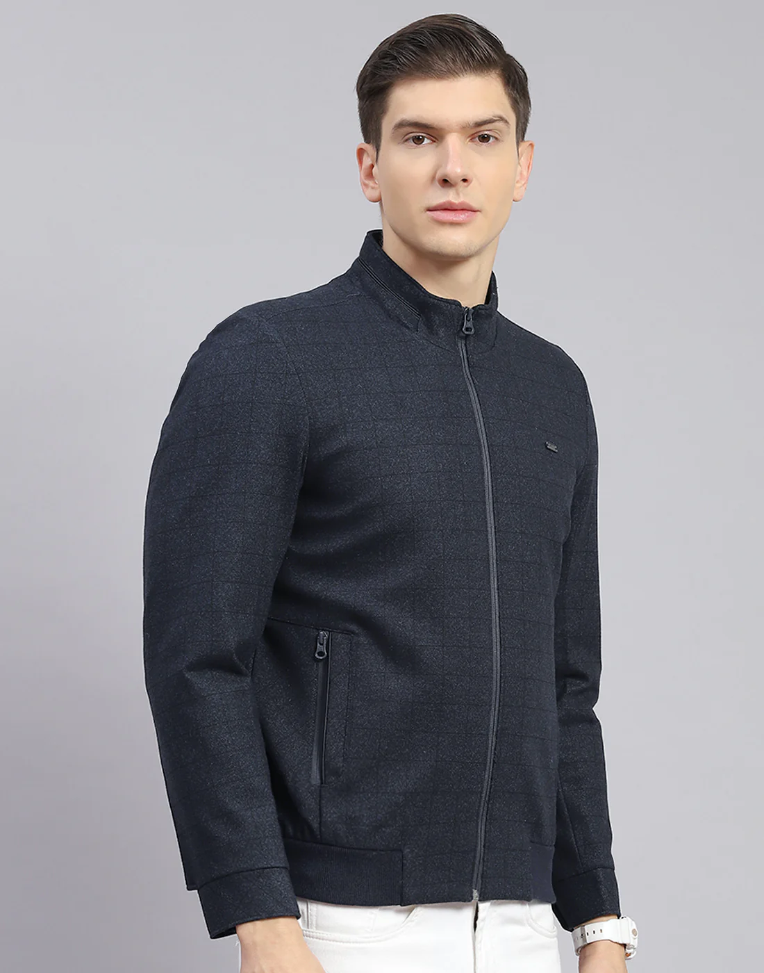 Men Navy Blue Check Stand Collar Full Sleeve Jacket - Image 7