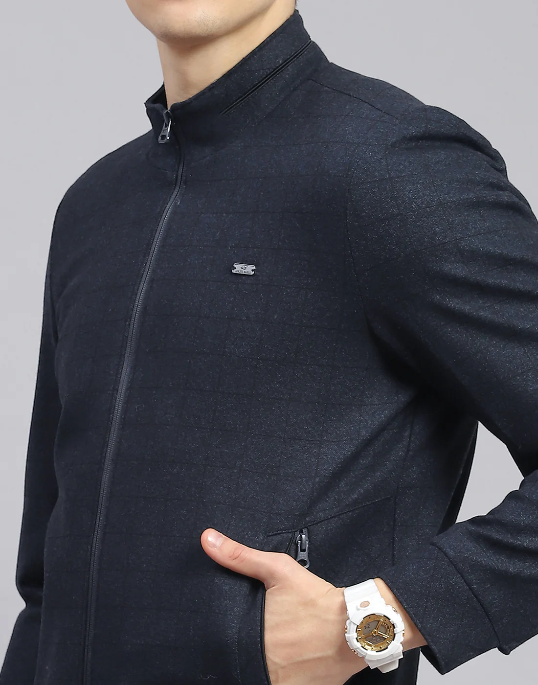 Men Navy Blue Check Stand Collar Full Sleeve Jacket - Image 8