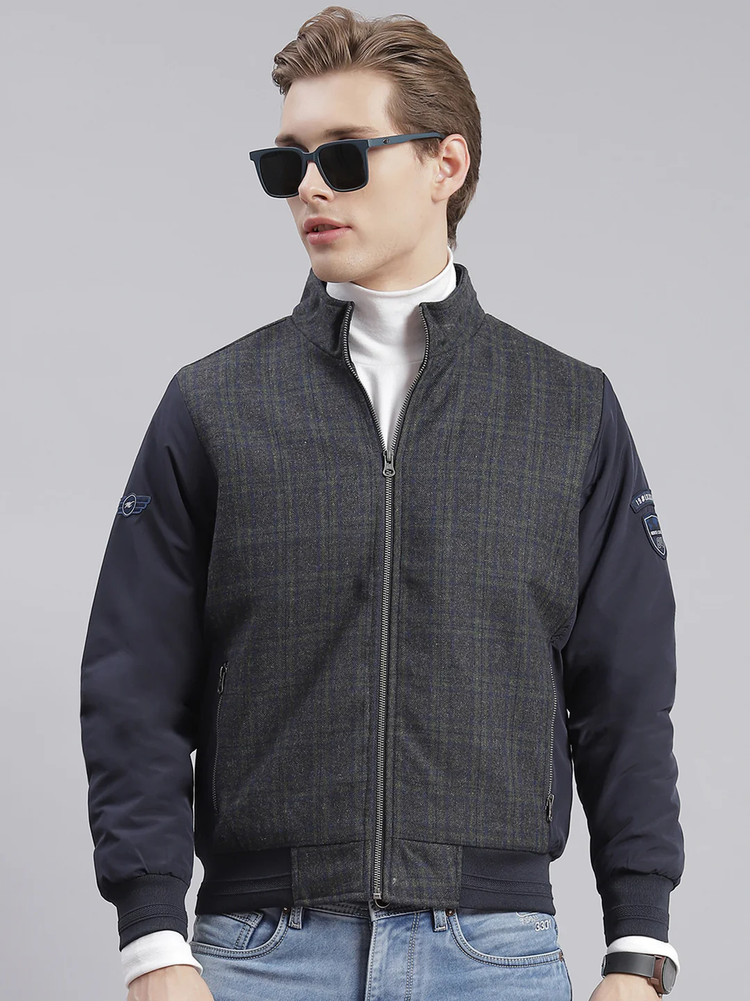 Men Navy Blue Check Stand Collar Full Sleeve Jackets - Image 3