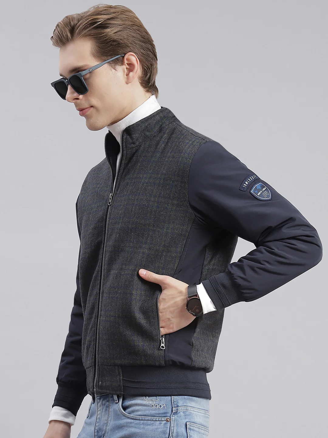 Men Navy Blue Check Stand Collar Full Sleeve Jackets - Image 4