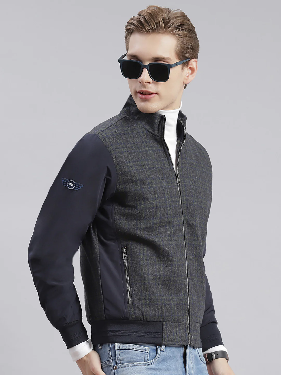 Men Navy Blue Check Stand Collar Full Sleeve Jackets - Image 5