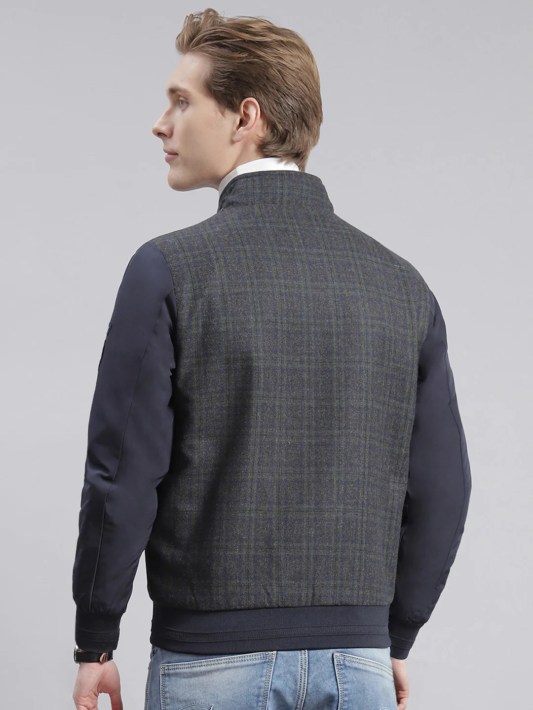 Men Navy Blue Check Stand Collar Full Sleeve Jackets - Image 6