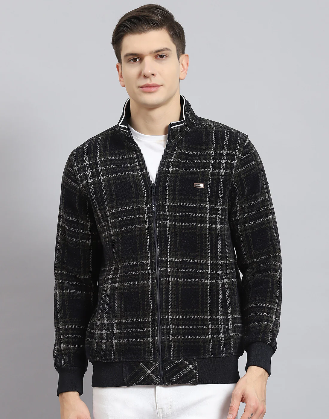 Men Navy Blue Check Stand Collar Full Sleeve Sweatshirt - Image 2