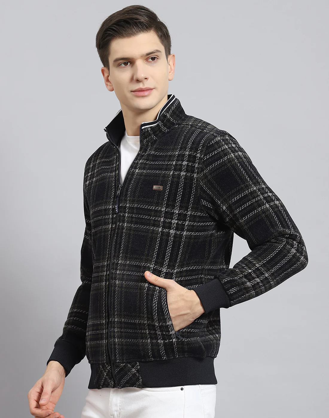 Men Navy Blue Check Stand Collar Full Sleeve Sweatshirt - Image 3