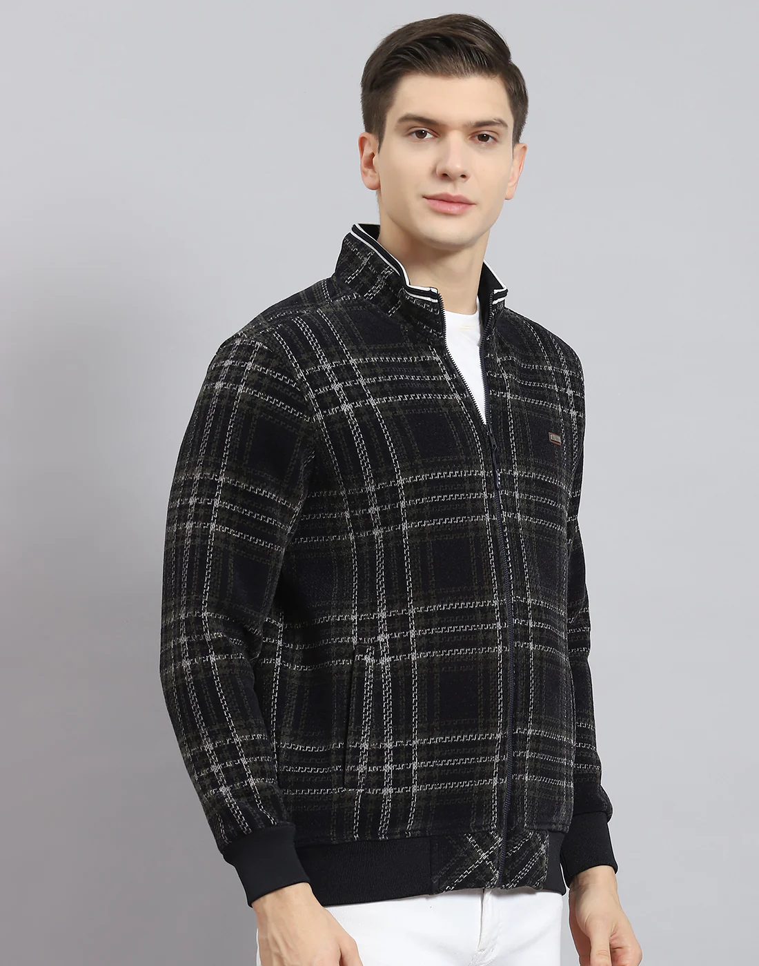 Men Navy Blue Check Stand Collar Full Sleeve Sweatshirt - Image 4