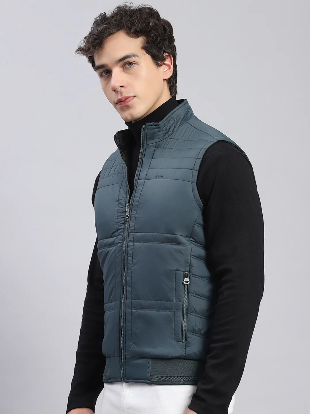 Men Navy Blue Check Stand Collar Sleeveless Jackets - Image 4
