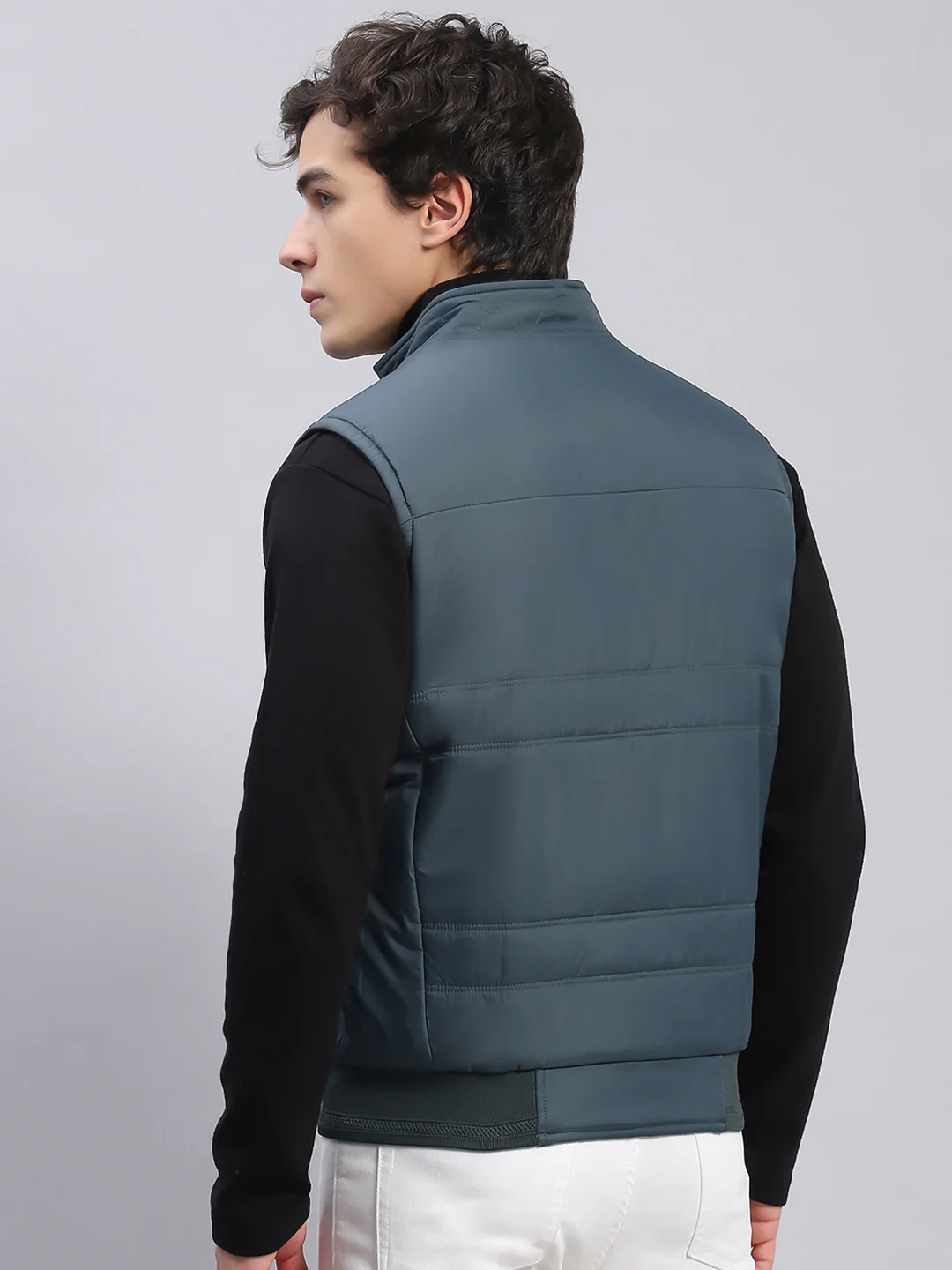 Men Navy Blue Check Stand Collar Sleeveless Jackets - Image 7