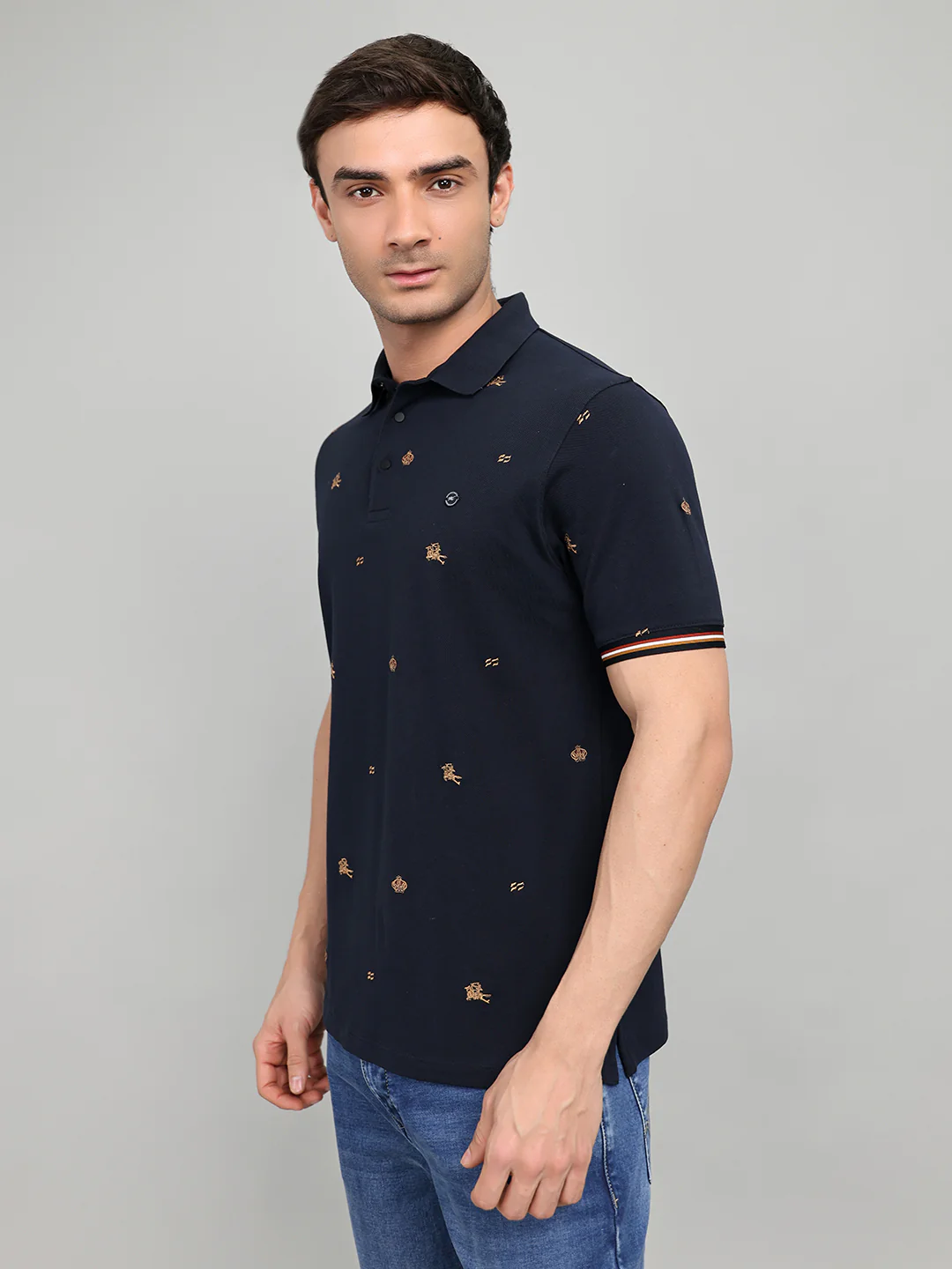 Men Navy Blue Embroidered Collar Half Sleeve T-Shirt - Image 2