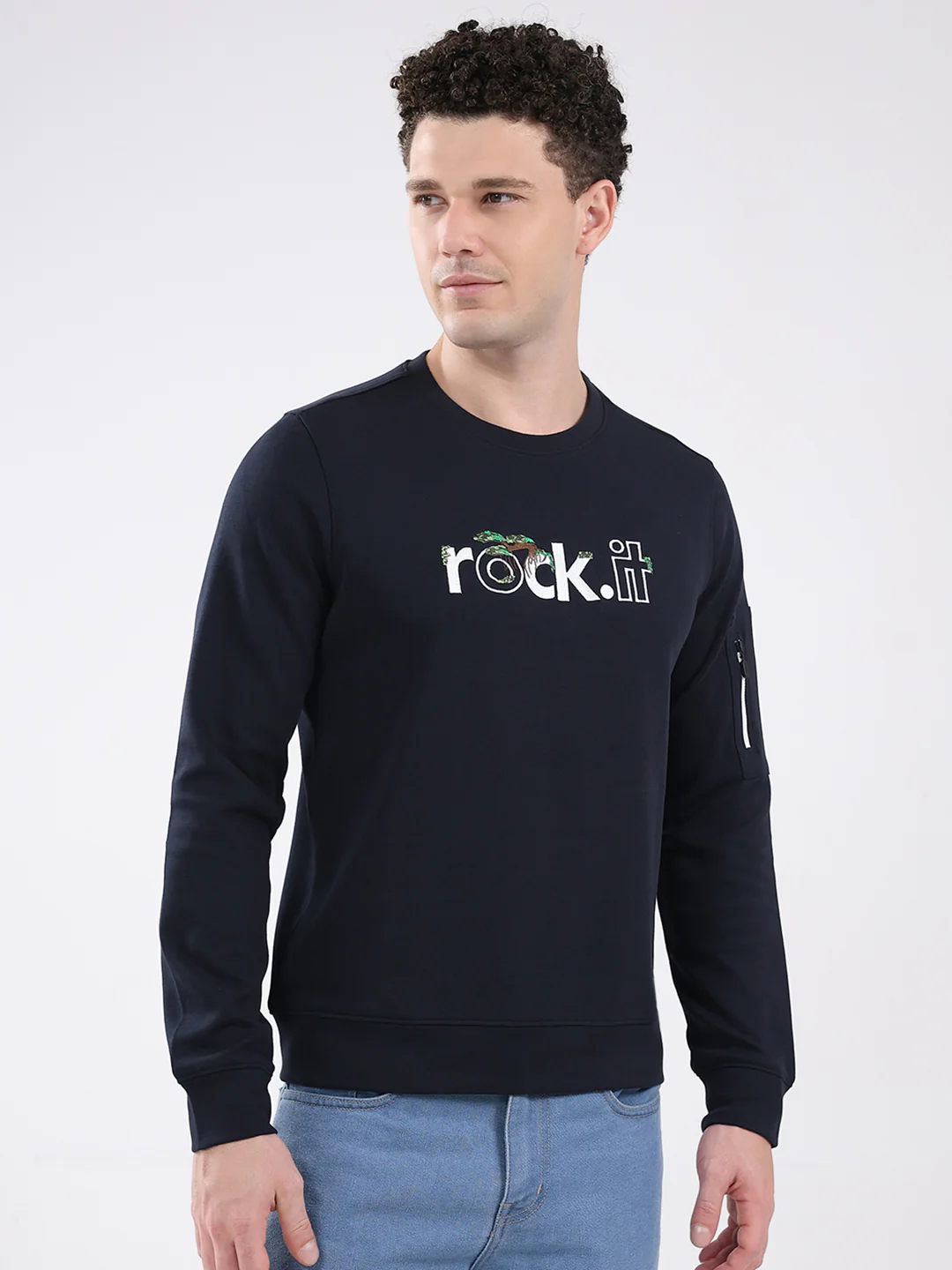 Rock.it Men Navy Blue Embroidered Round Neck Full Sleeve Sweatshirt - Image 4