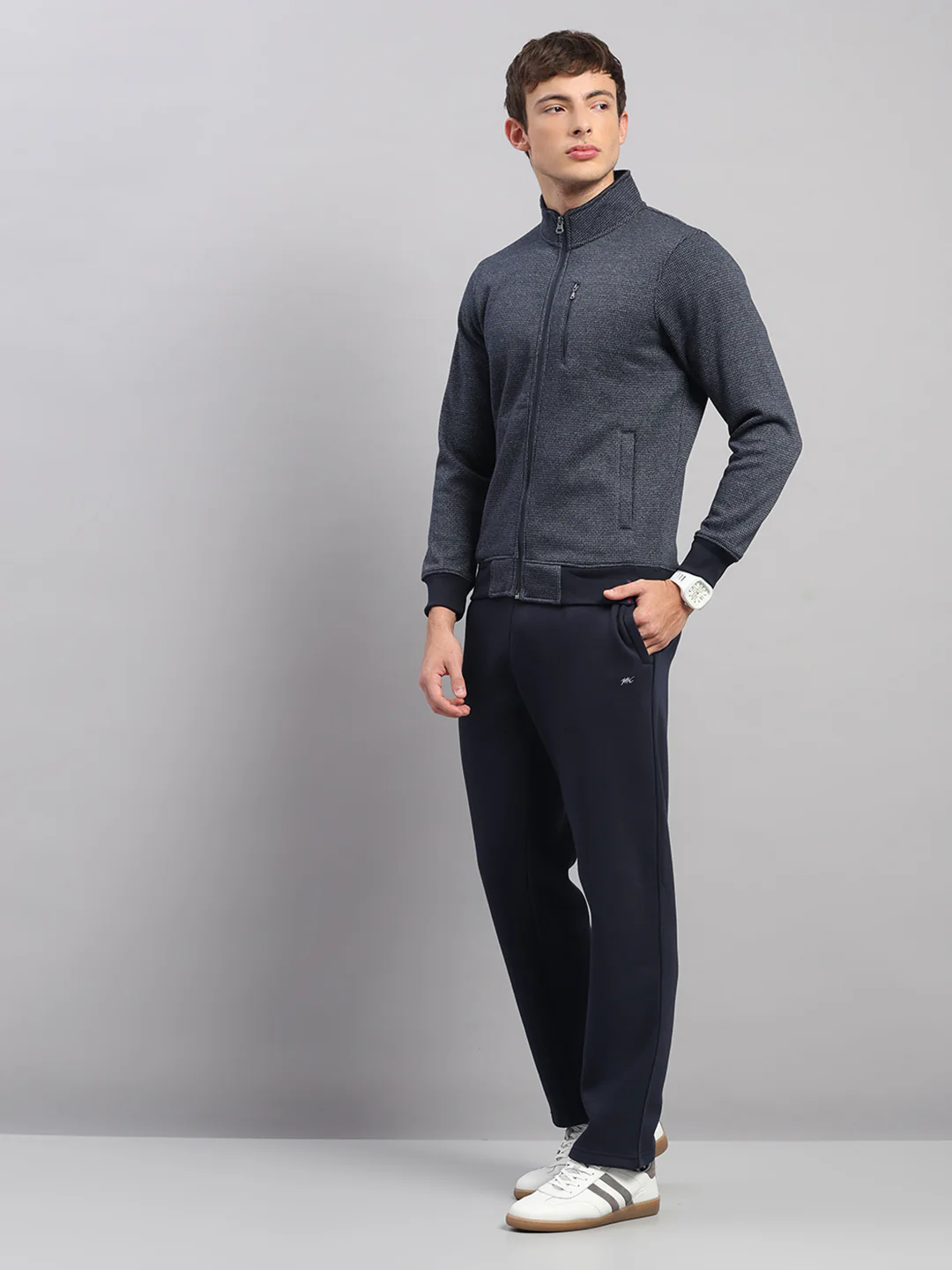 Men Navy Blue Embroidered Round Neck Full Sleeve Winter Tracksuit - Image 3