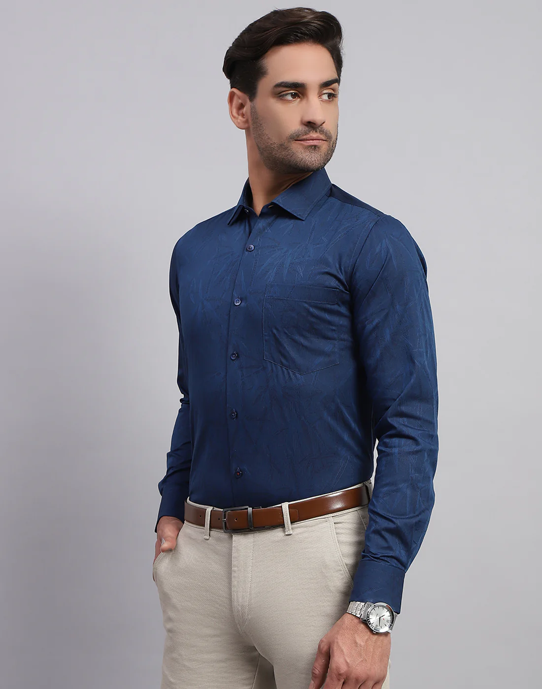 Luxuria Men Navy Blue Floral Print Collar Full Sleeve Shirt - Image 3