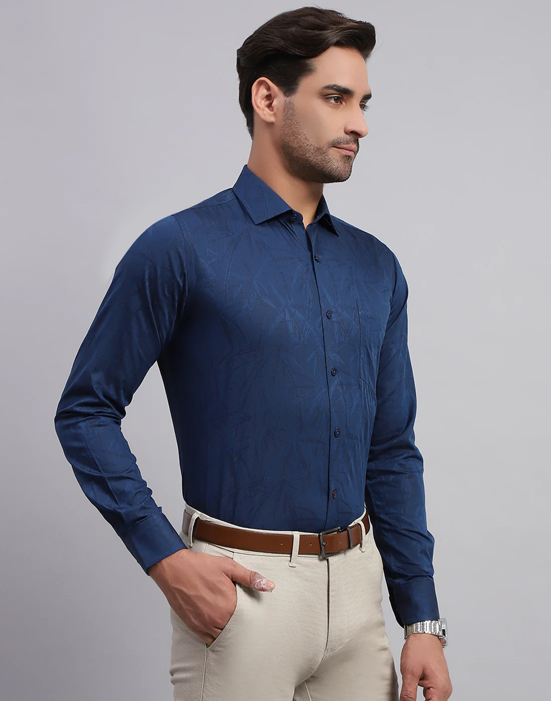 Luxuria Men Navy Blue Floral Print Collar Full Sleeve Shirt - Image 4