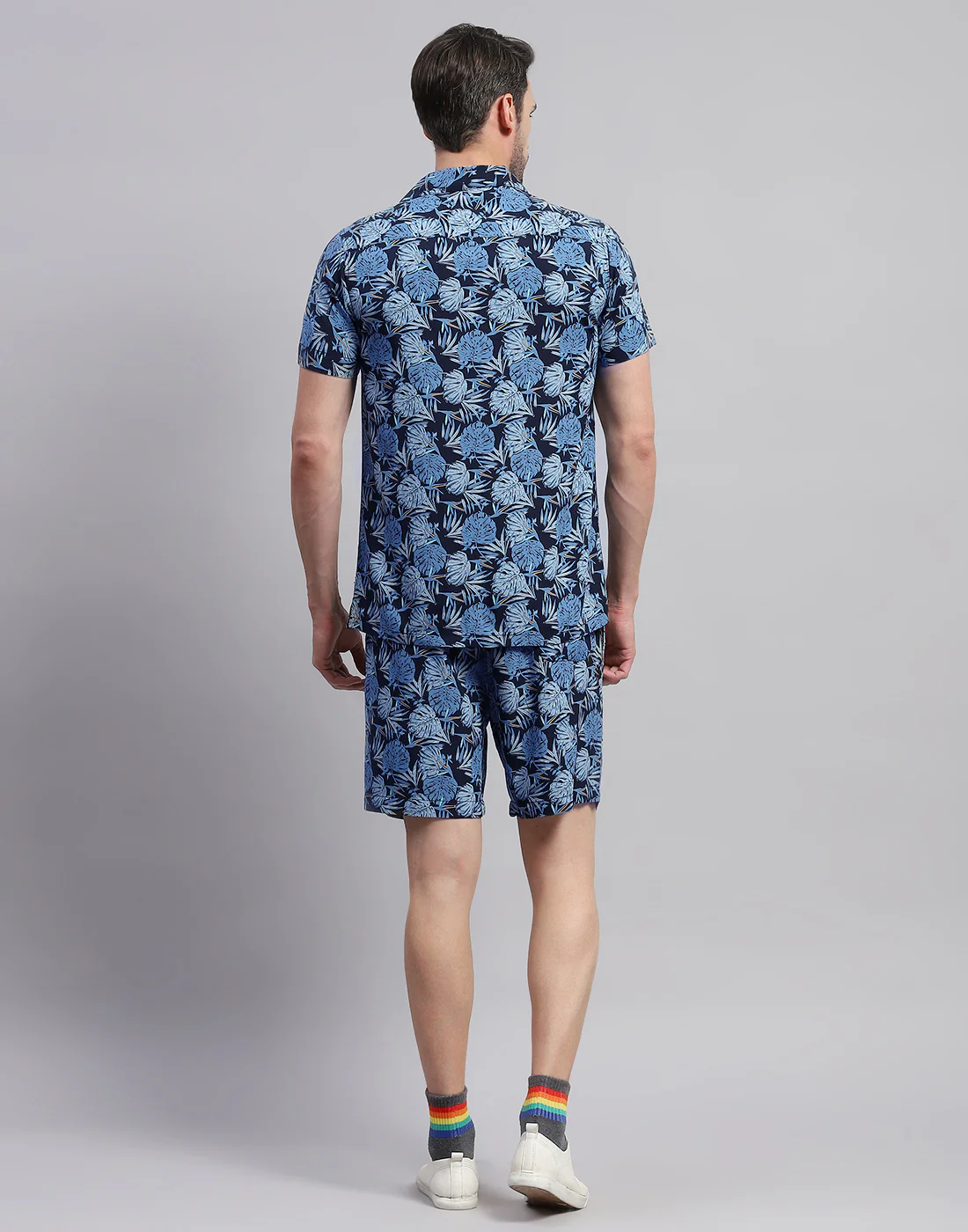 Men Navy Blue Floral Print Collar Neck Half Sleeve Cords Set - Image 5