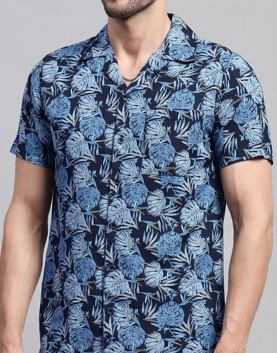 Men Navy Blue Floral Print Collar Neck Half Sleeve Cords Set - Image 6