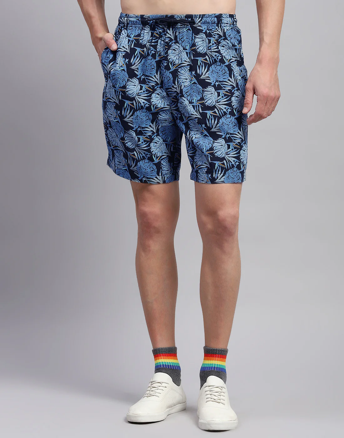 Men Navy Blue Floral Print Collar Neck Half Sleeve Cords Set - Image 7