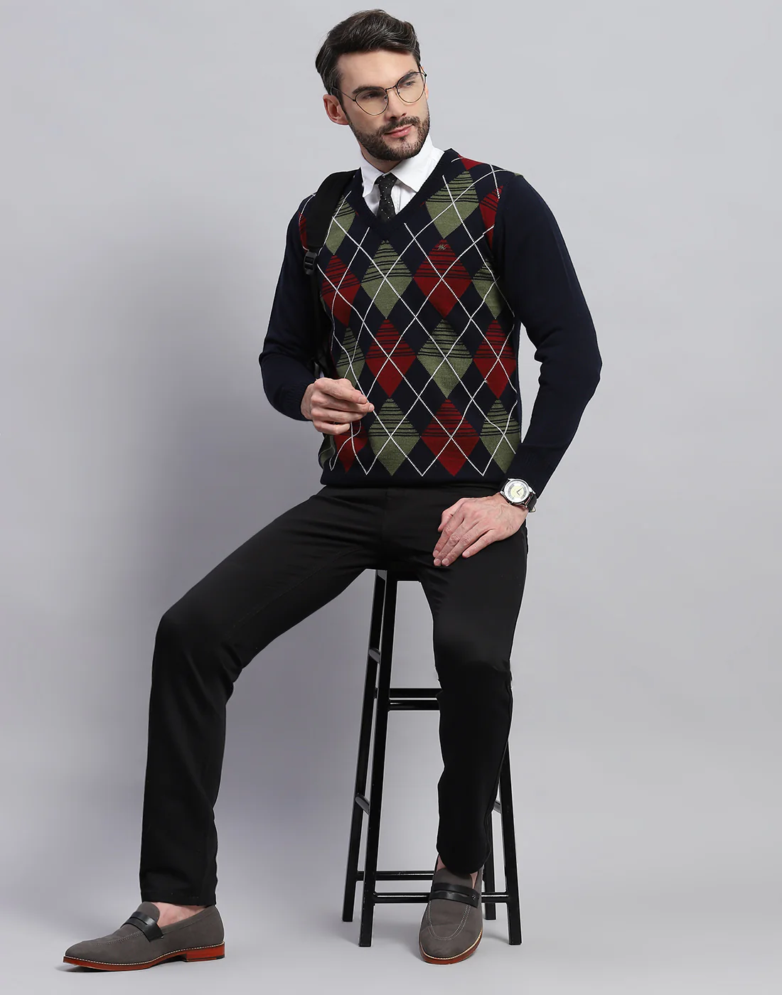 Men Navy Blue Geometric V Neck Full Sleeve Pullover - Image 3
