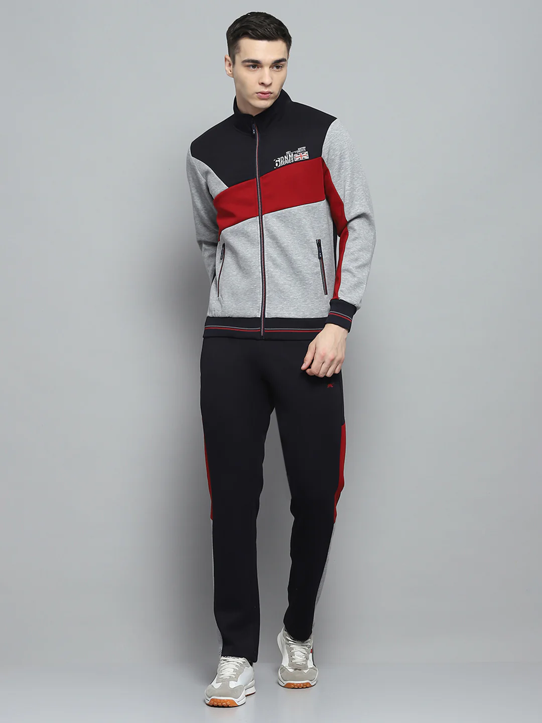 Men Navy Blue & Grey Printed Mock Neck Full Sleeve Winter Tracksuit