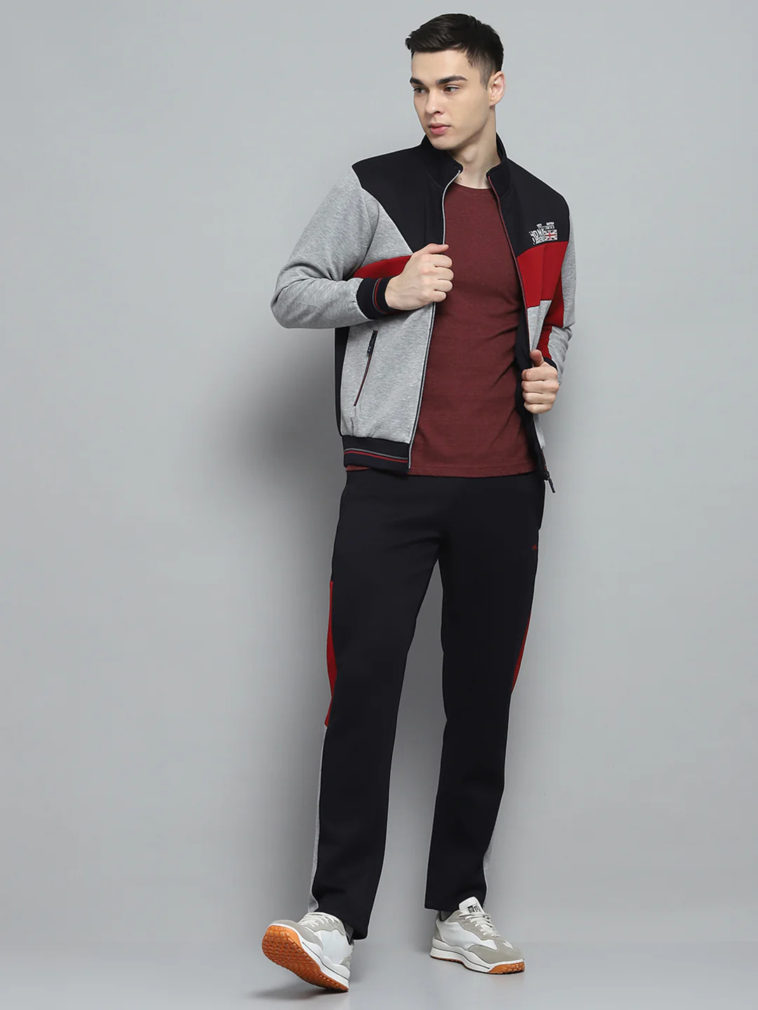 Men Navy Blue & Grey Printed Mock Neck Full Sleeve Winter Tracksuit - Image 2