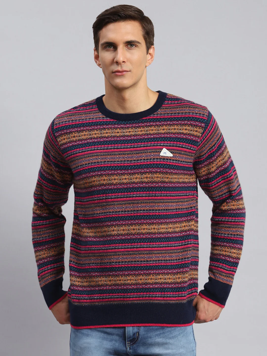 Men Navy Blue Jaquard Lamb wool Pullover - Image 2