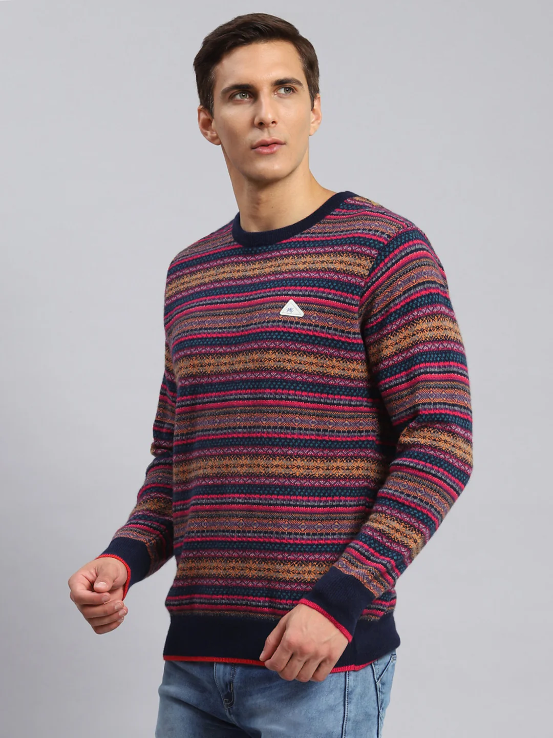 Men Navy Blue Jaquard Lamb wool Pullover - Image 3