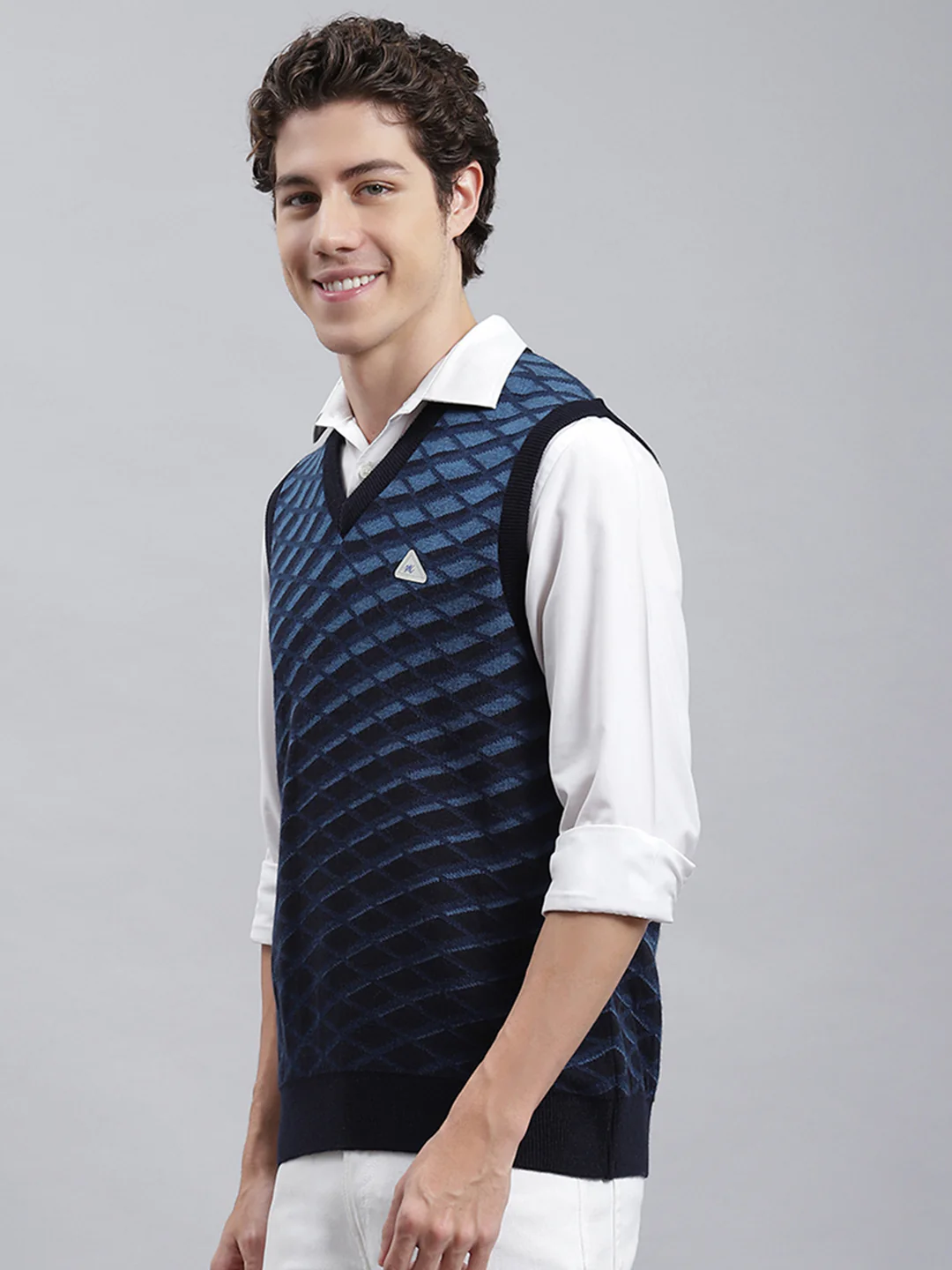 Men Navy Blue Jaquard Sweater - Image 3