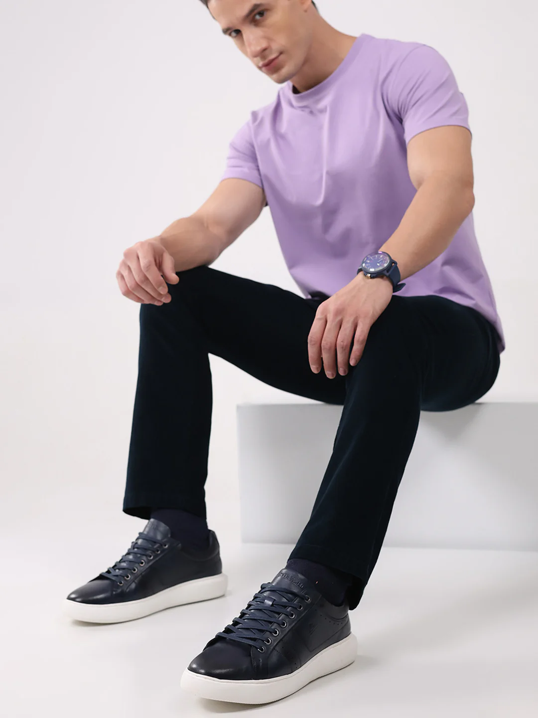 Men Navy Blue Lace Up Genuine Leather Sneaker - Image 10