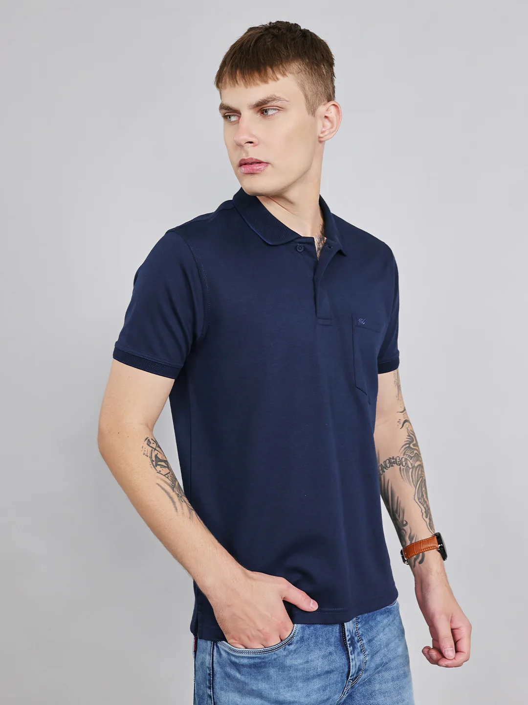 Men Navy Blue Plain Collar Half Sleeve T-Shirt - Image 3