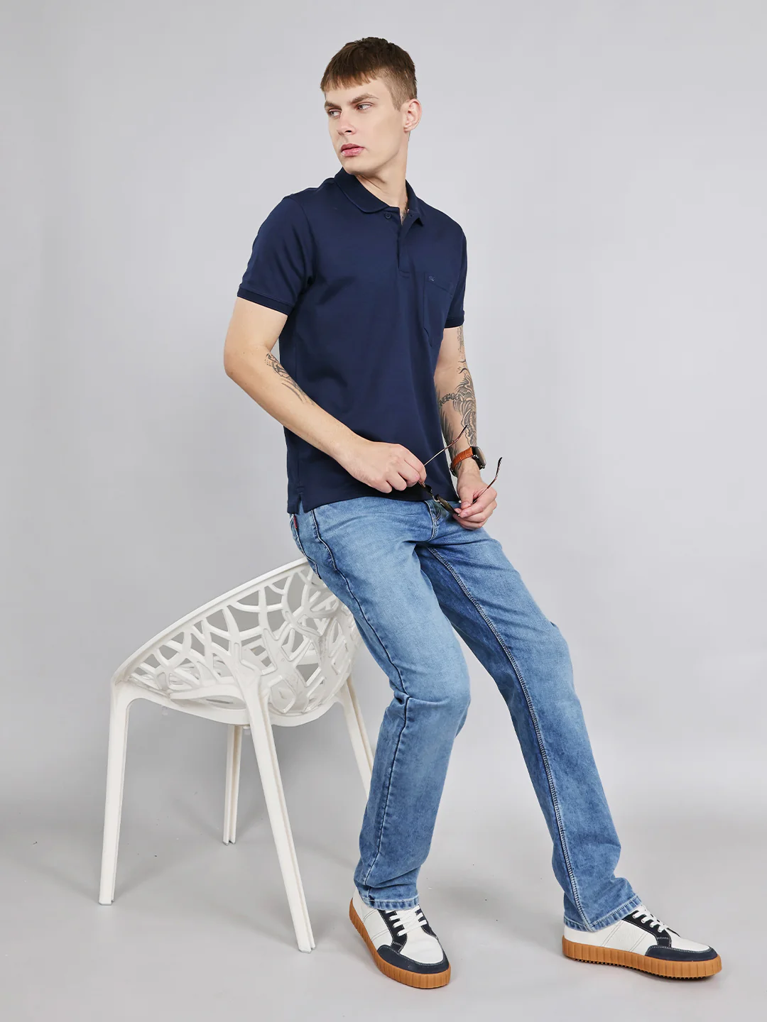 Men Navy Blue Plain Collar Half Sleeve T-Shirt - Image 6