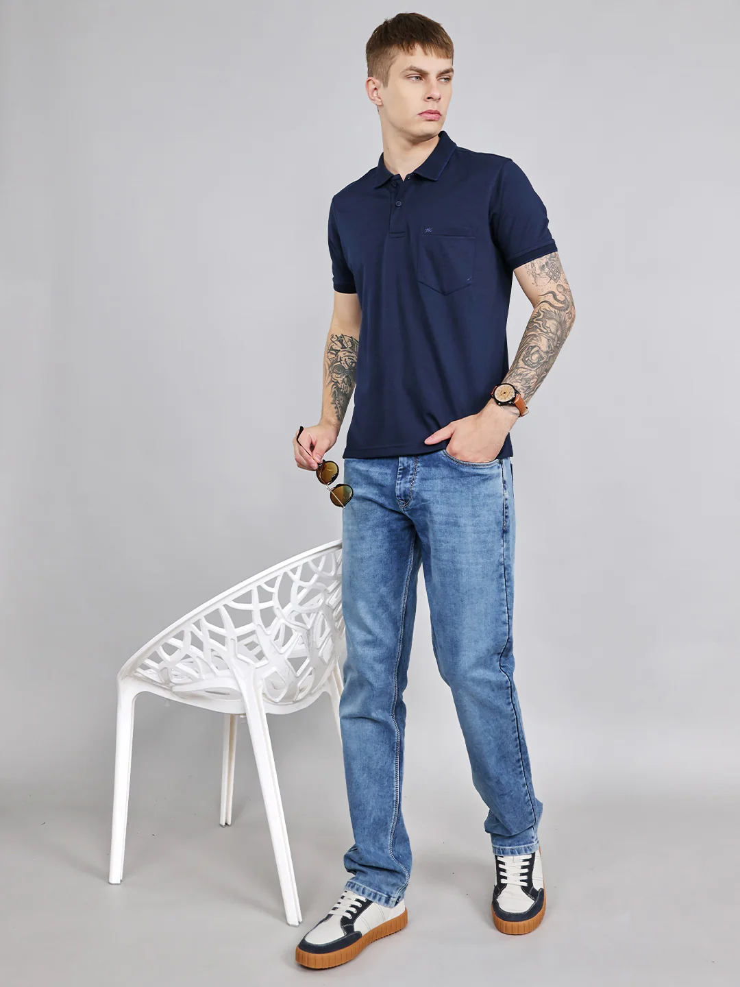 Men Navy Blue Plain Collar Half Sleeve T-Shirt - Image 7