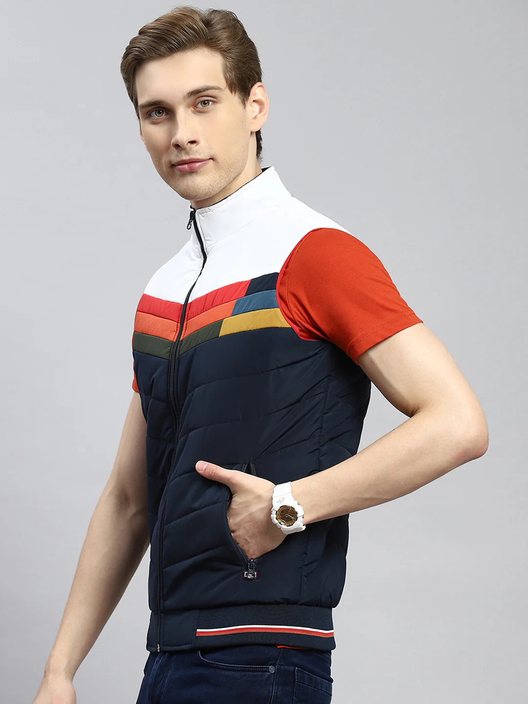 Men Navy Blue Plain Jacket - Image 4