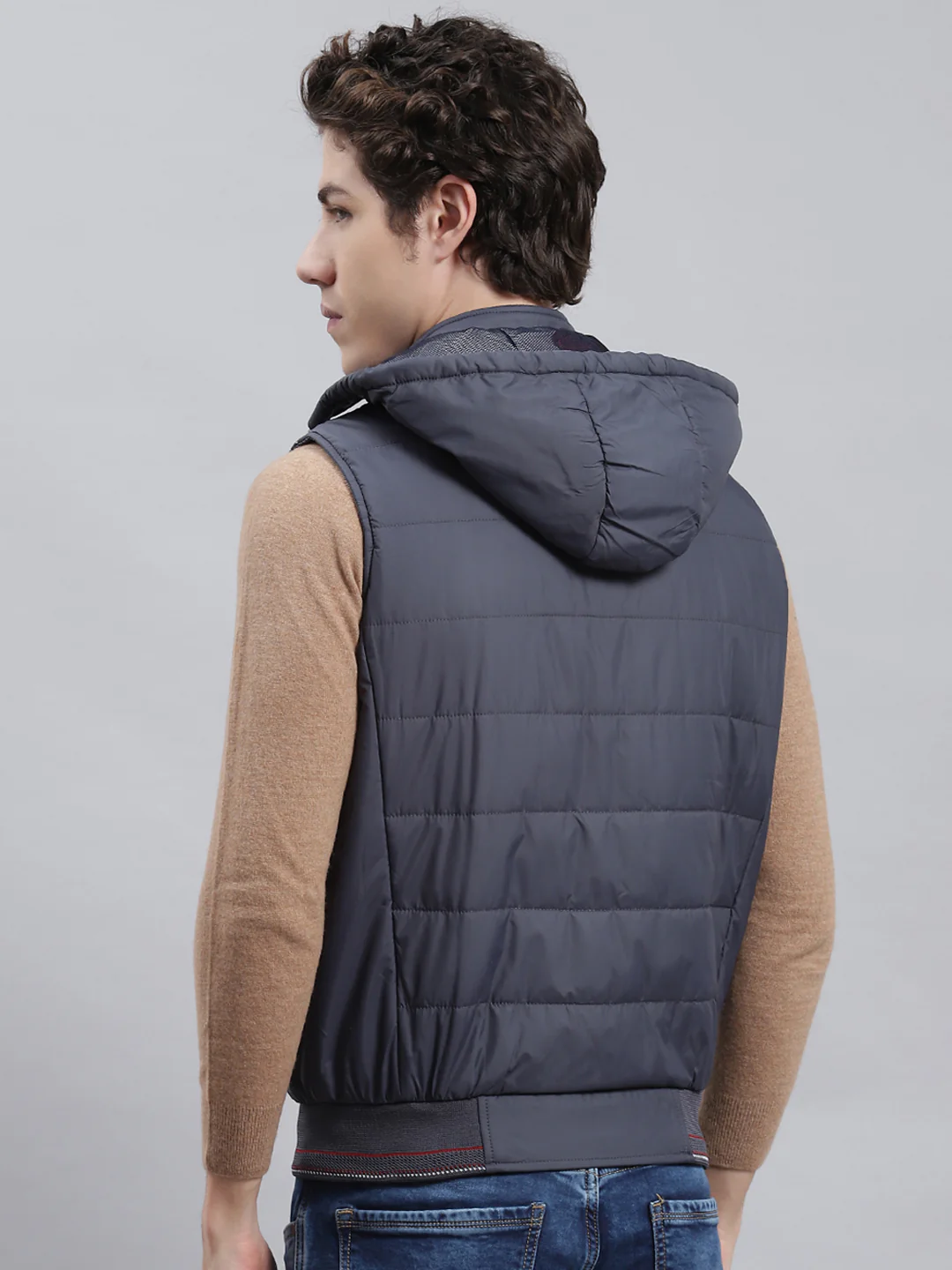 Men Navy Blue Plain Jacket - Image 5