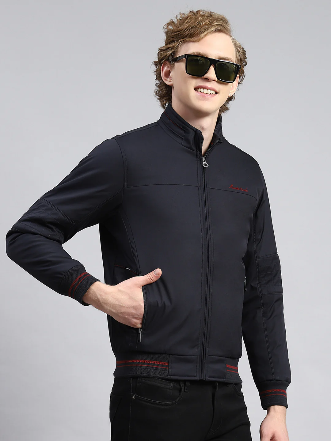 Men Navy Blue Plain Jacket - Image 3